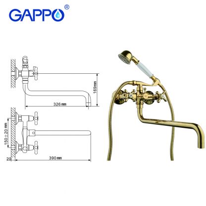 Смеситель GAPPO SOFIA G2263-6 для ванны в цвете золото размеры